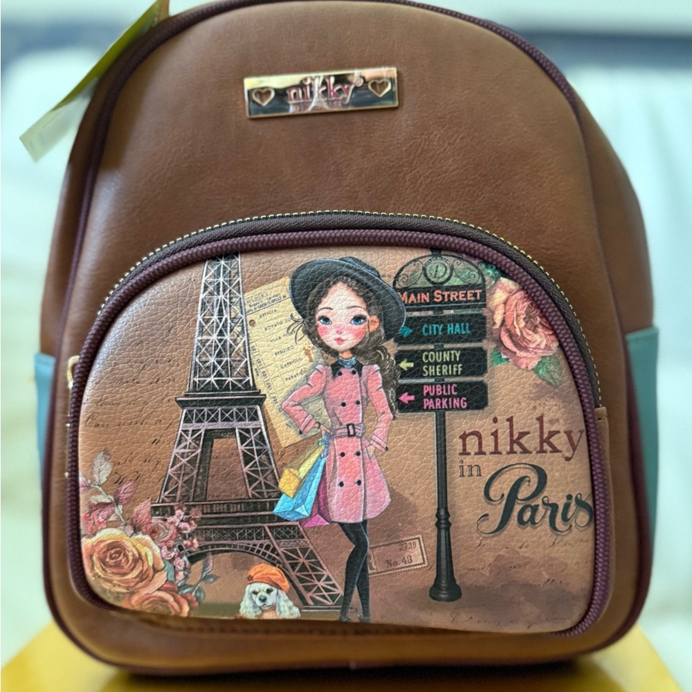 Nikky Brown Backpack with Paris Design